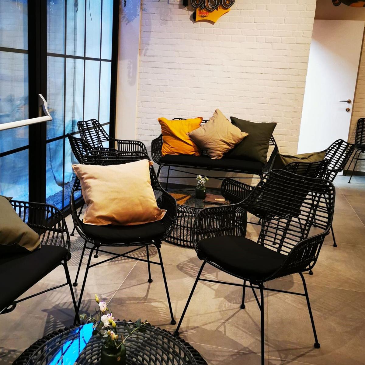 Featured: Miami black sofa, chairs and centre coffee table with glass top.