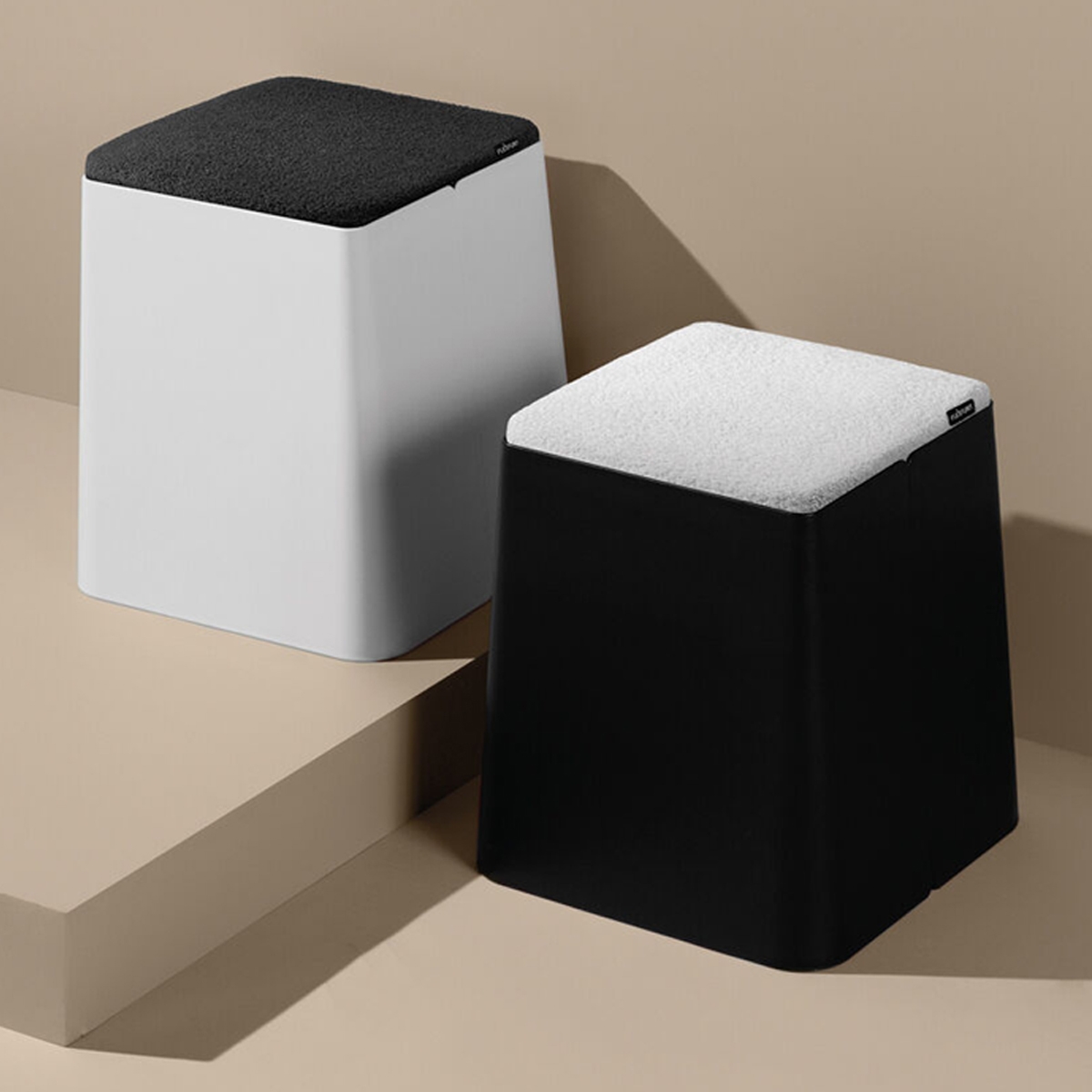 Black Bric Stool - White Fabric Top