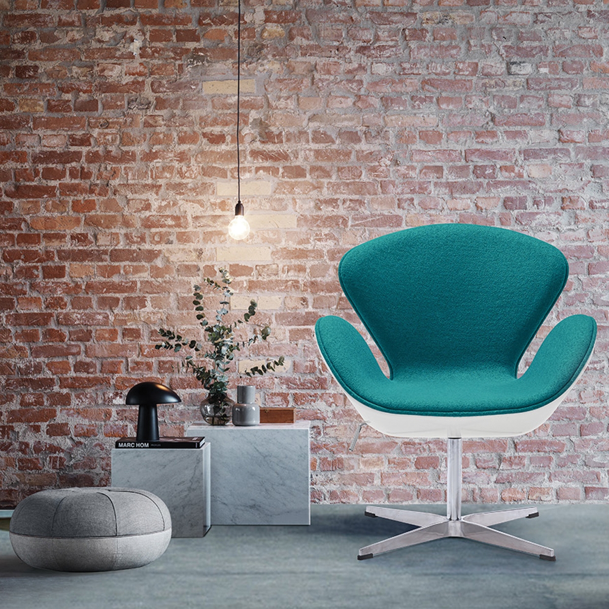 Turquoise Fabric White Swan Chair